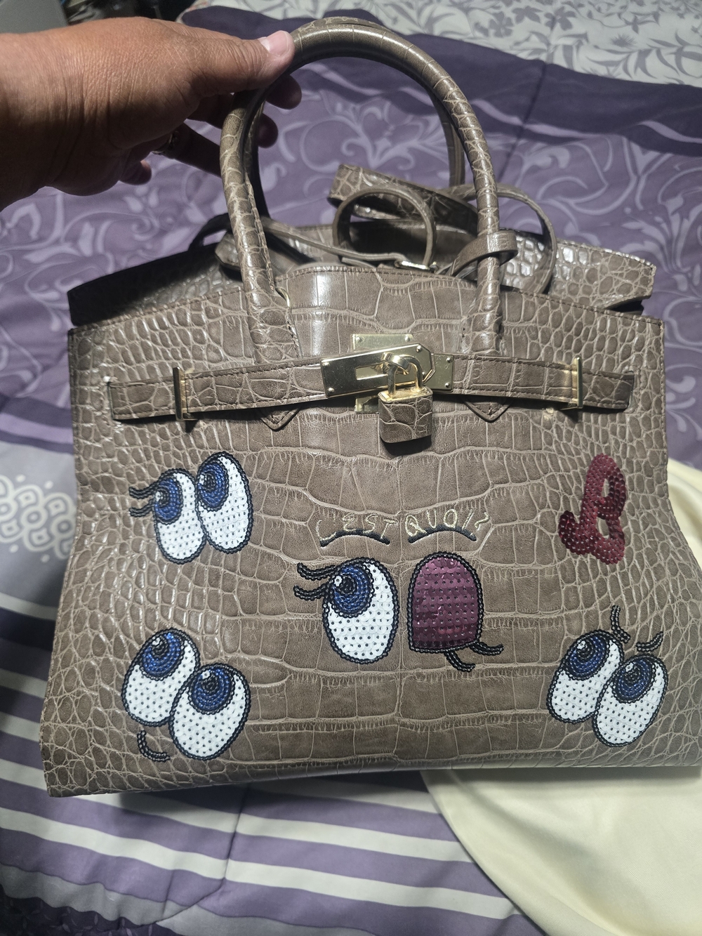 Play No More Brown Croc-Embossed Women's Satchel with Eye Patch Embroidery